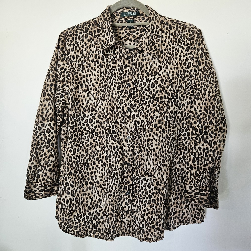 LRL Ralph Lauren Shirt Womens XL Leopard Animal Print Button Up 3/4 Sleeve Chic
